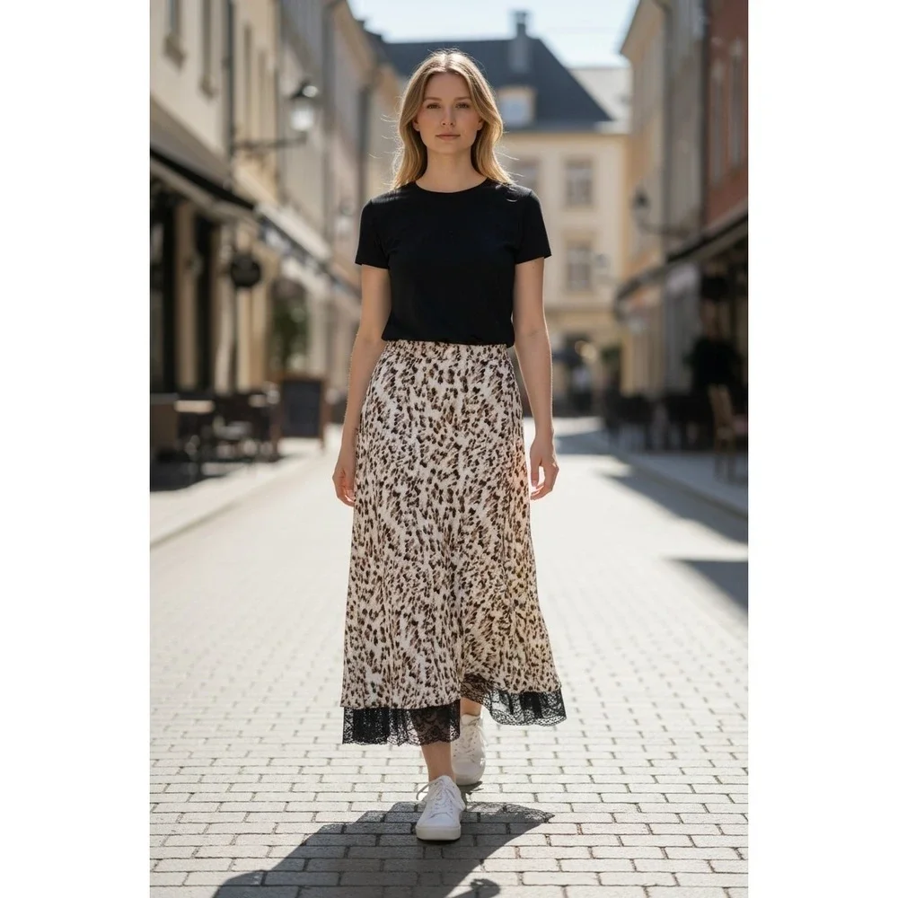 90s Y2K Brown Leopard Midi Skirt W‎ Black Lace Hem Pull On Silky M-XL